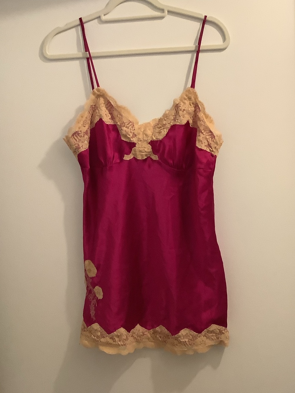Silky Magenta Lace Trim Chemise Slip fits like medium